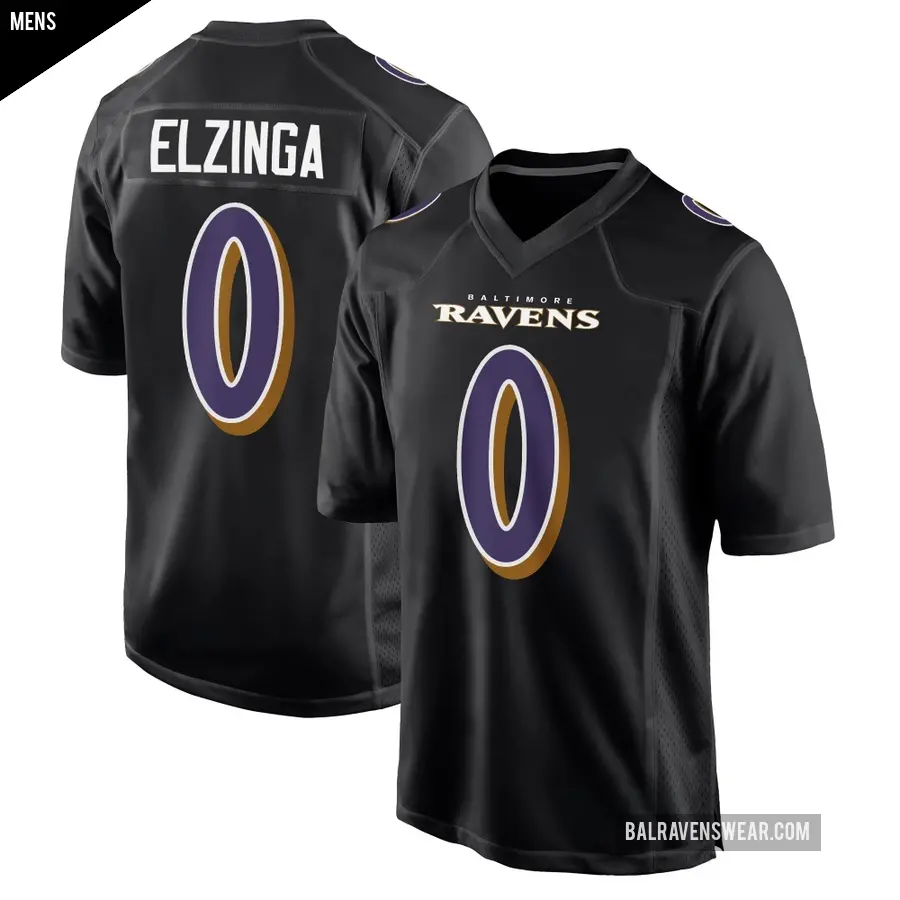 Men's Baltimore Ravens ＃0 Luke Elzinga Black Game Carbon Fashion Jersey