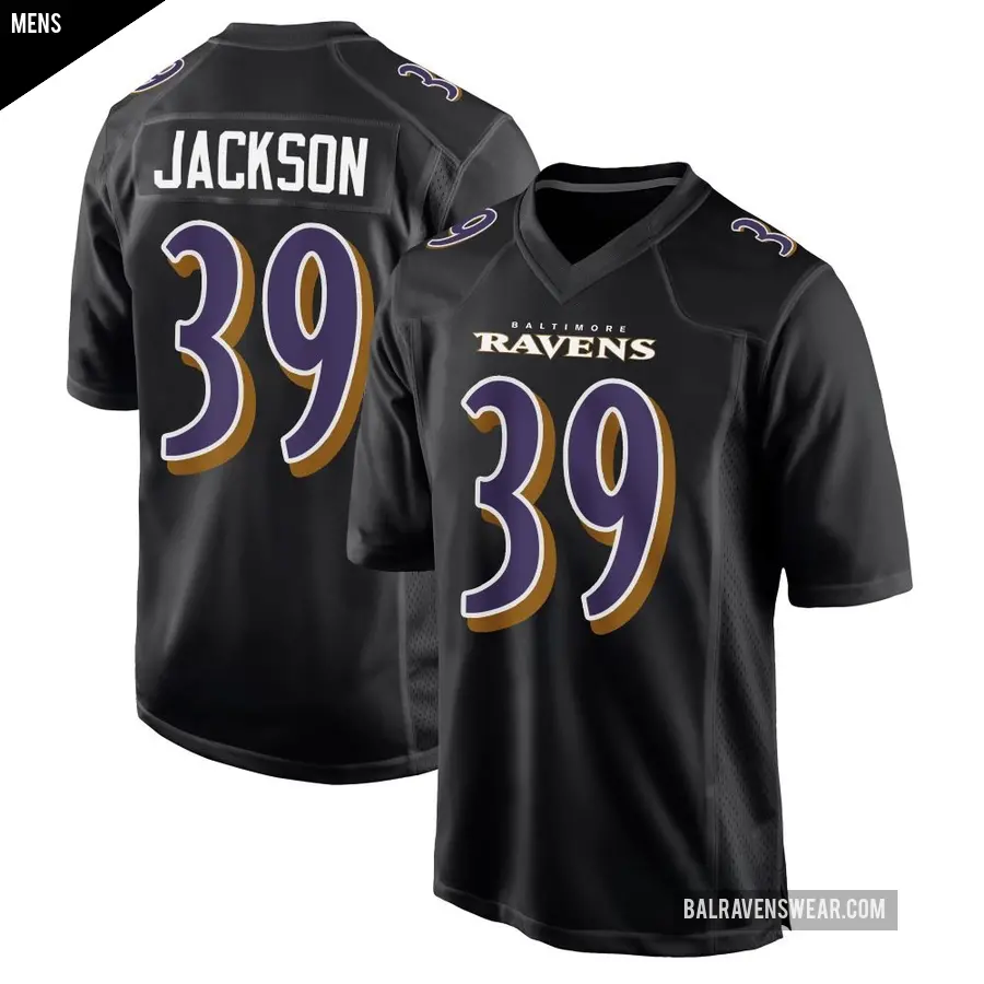 Men's Baltimore Ravens ＃39 Keondre Jackson Black Game Carbon Fashion Jersey