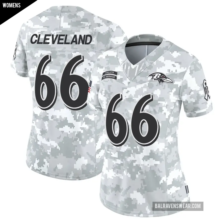 Women's Baltimore Ravens ＃66 Ben Cleveland Arctic Camo Limited 2024 Salute to Service Jersey